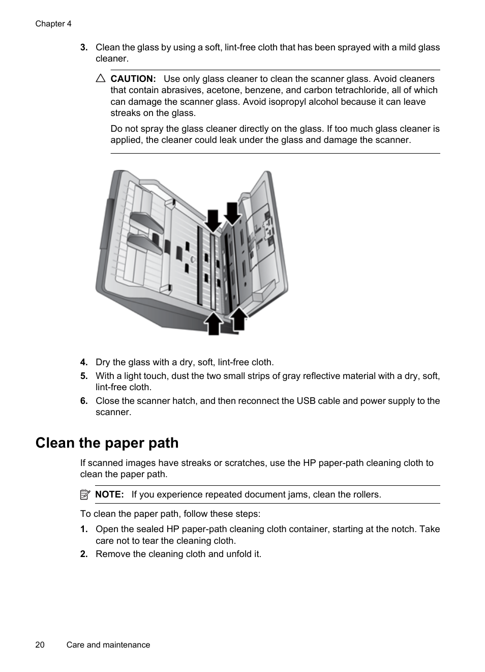 Clean the paper path | HP Scanjet 7000 Sheet-feed Scanner User Manual | Page 22 / 45
