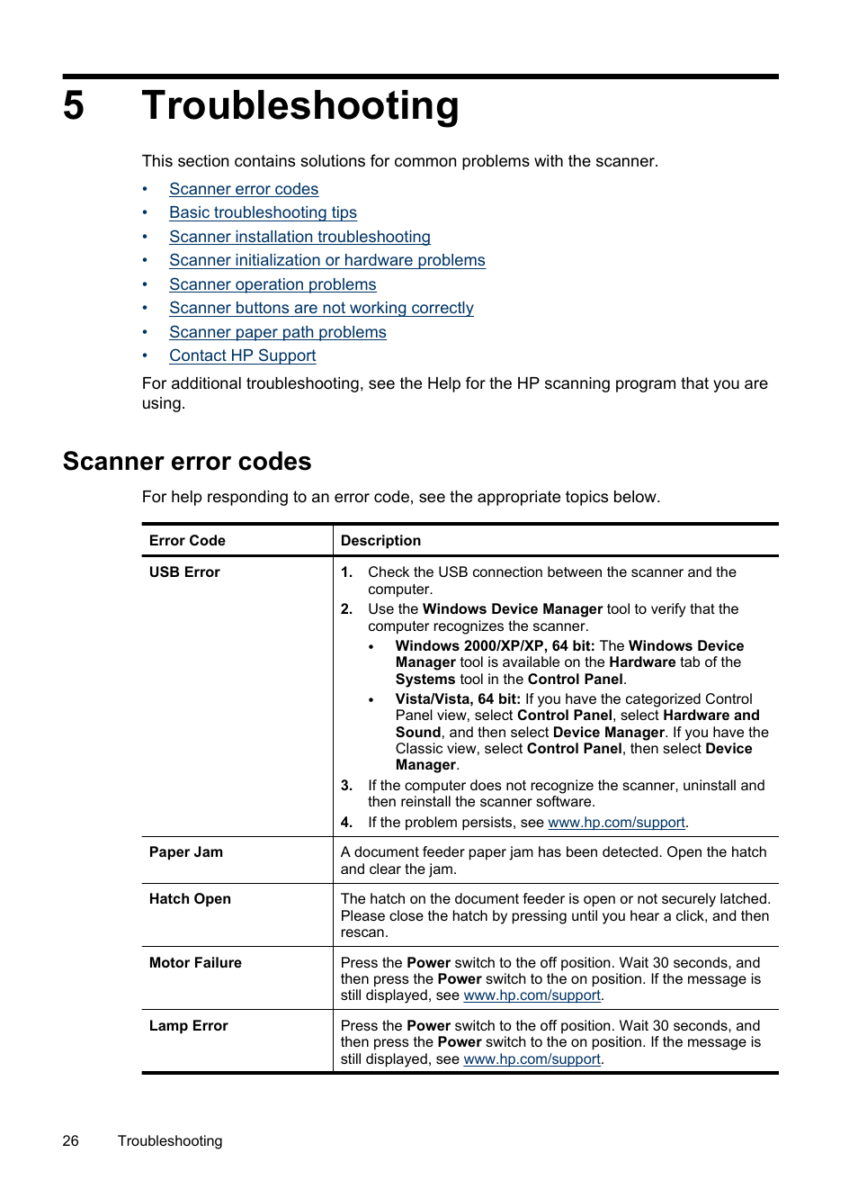 Troubleshooting, Scanner error codes, 5 troubleshooting | 5troubleshooting | HP Scanjet 7000 Sheet-feed Scanner User Manual | Page 28 / 45