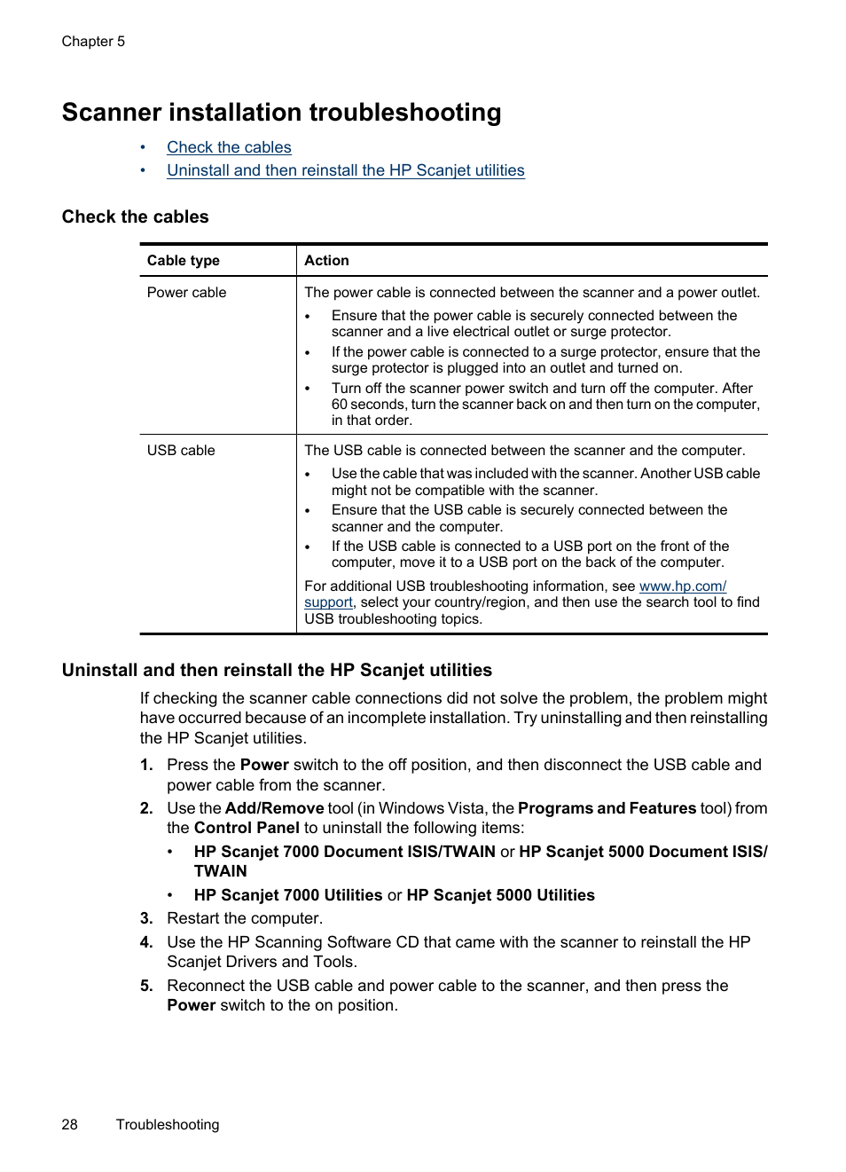 Scanner installation troubleshooting, Check the cables | HP Scanjet 7000 Sheet-feed Scanner User Manual | Page 30 / 45