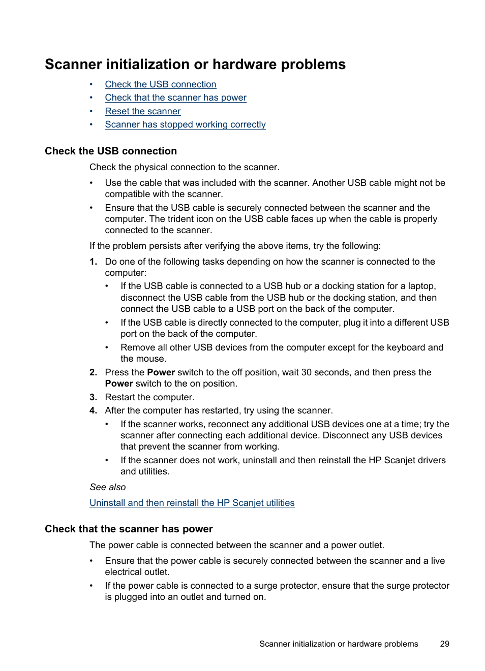 Scanner initialization or hardware problems, Check the usb connection, Check that the scanner has power | HP Scanjet 7000 Sheet-feed Scanner User Manual | Page 31 / 45