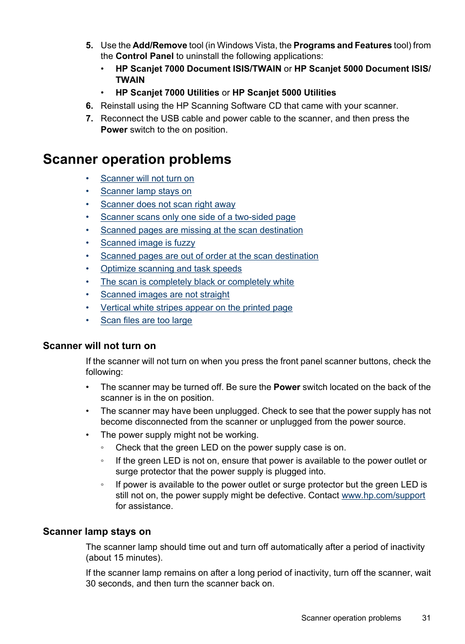 Scanner operation problems, Scanner will not turn on, Scanner lamp stays on | HP Scanjet 7000 Sheet-feed Scanner User Manual | Page 33 / 45