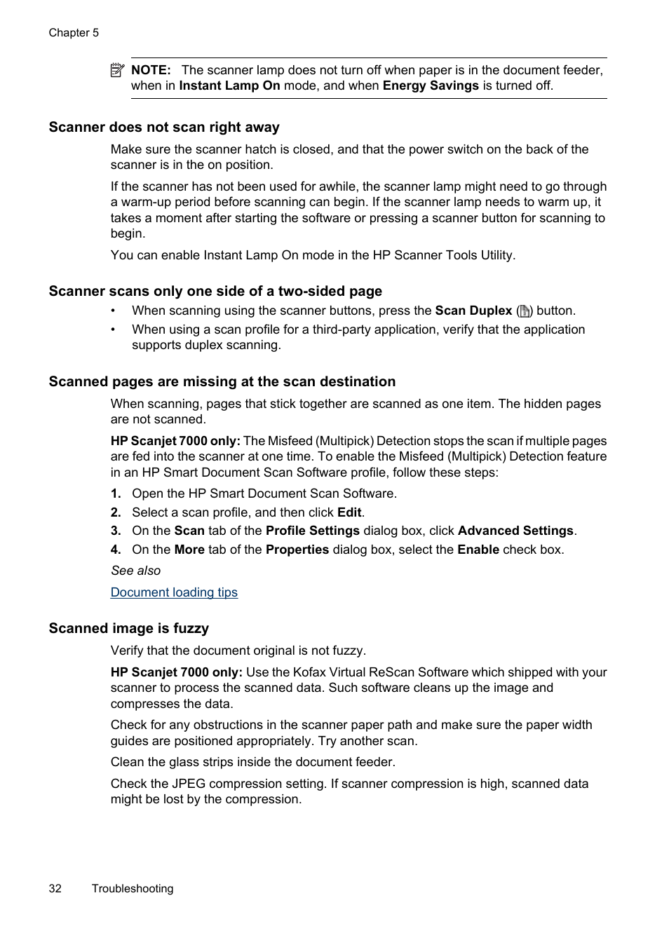 Scanner does not scan right away, Scanned image is fuzzy | HP Scanjet 7000 Sheet-feed Scanner User Manual | Page 34 / 45