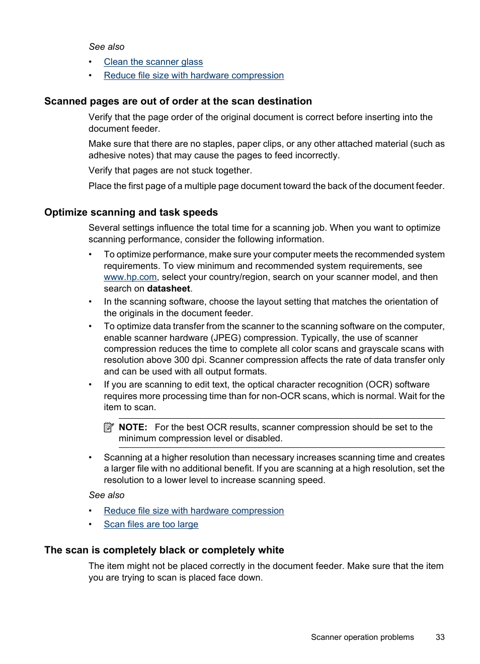 Optimize scanning and task speeds, The scan is completely black or completely white | HP Scanjet 7000 Sheet-feed Scanner User Manual | Page 35 / 45