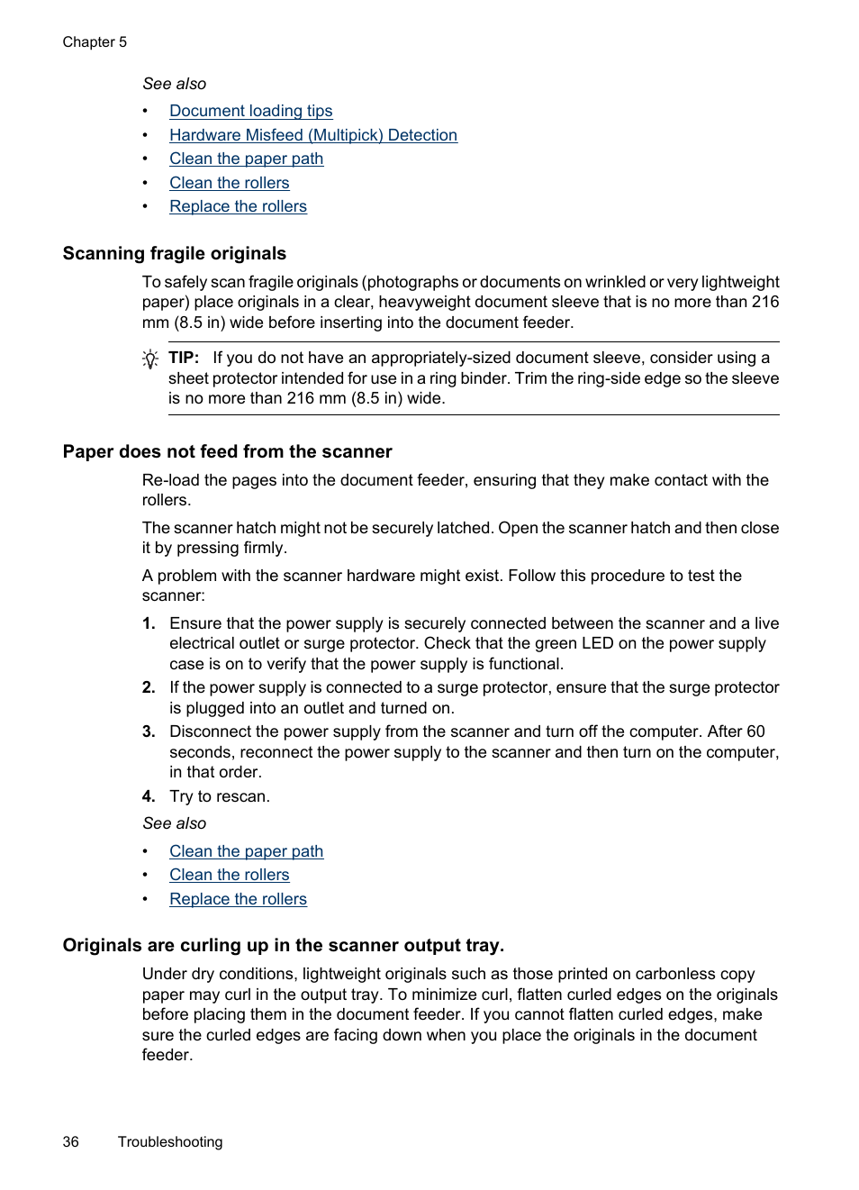 Scanning fragile originals, Paper does not feed from the scanner | HP Scanjet 7000 Sheet-feed Scanner User Manual | Page 38 / 45
