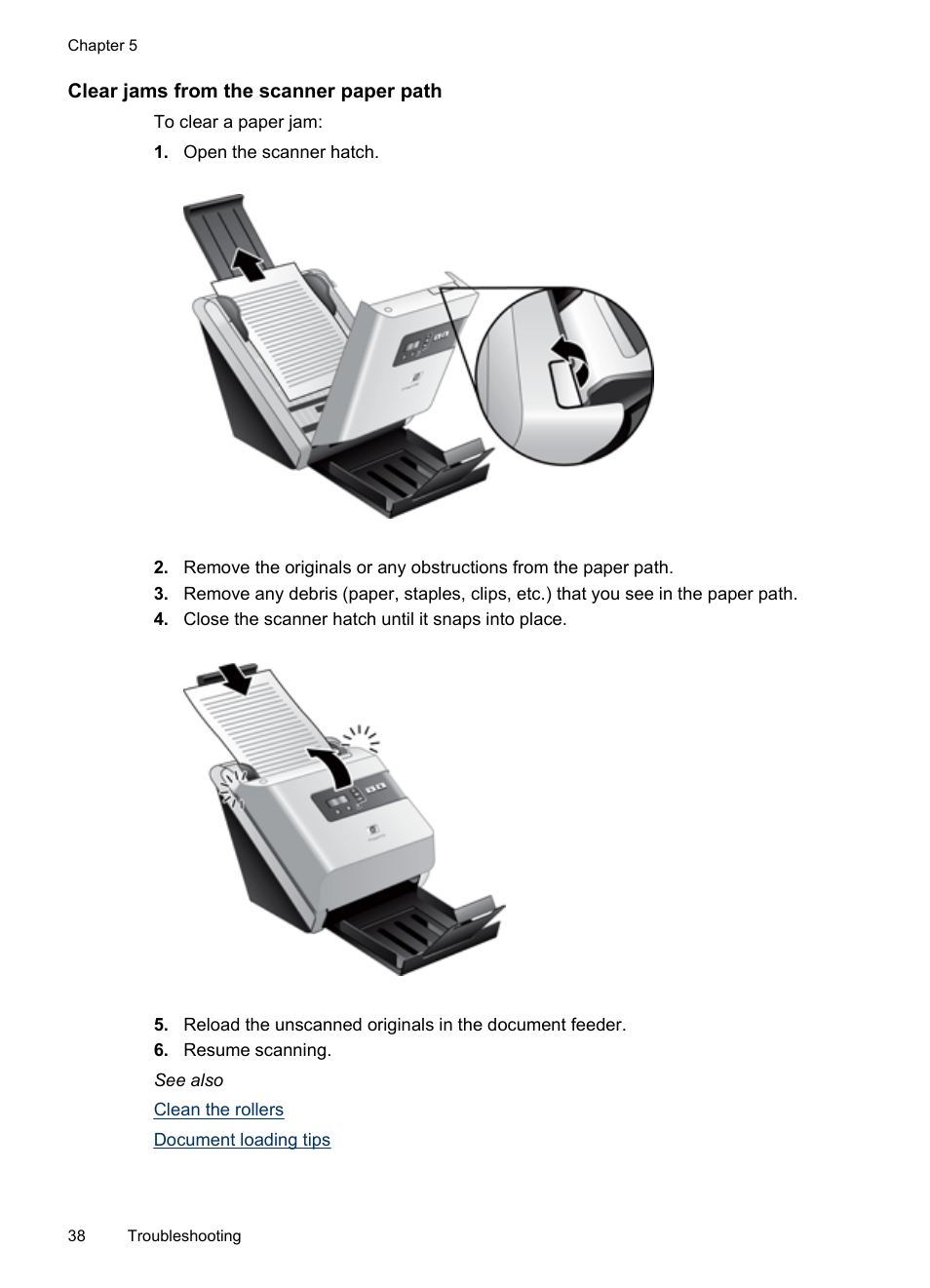 Clear jams from the scanner paper path | HP Scanjet 7000 Sheet-feed Scanner User Manual | Page 40 / 45