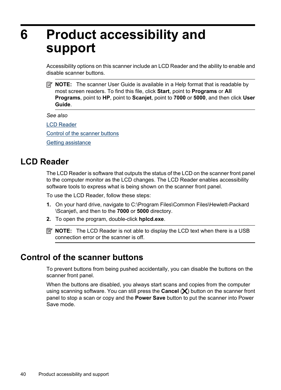 Product accessibility and support, Lcd reader, Control of the scanner buttons | 6 product accessibility and support, Lcd reader control of the scanner buttons, 6product accessibility and support | HP Scanjet 7000 Sheet-feed Scanner User Manual | Page 42 / 45