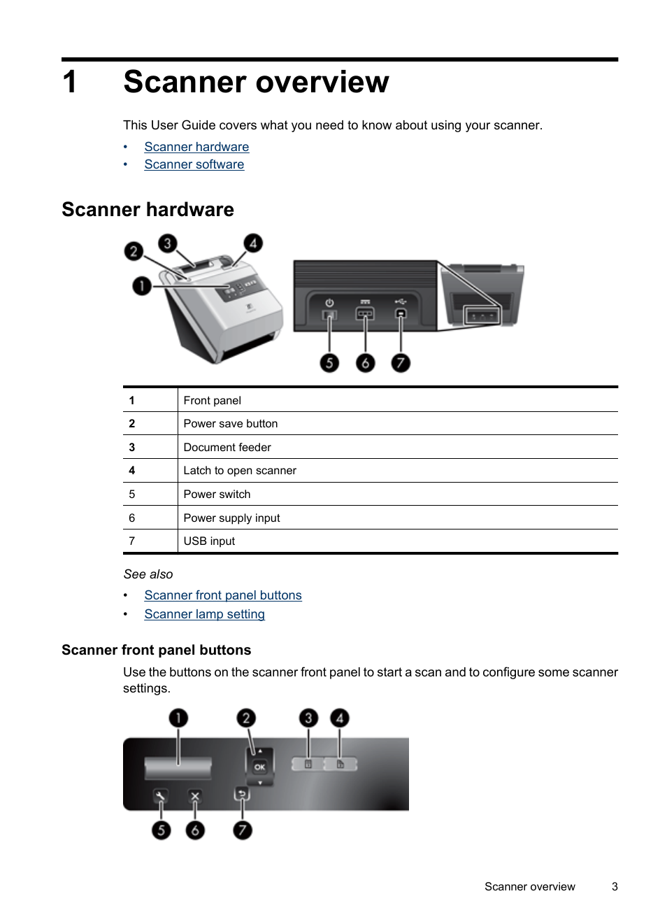 Scanner overview, Scanner hardware, Scanner front panel buttons | 1 scanner overview, Scanner front panel buttons scanner lamp setting, 1scanner overview | HP Scanjet 7000 Sheet-feed Scanner User Manual | Page 5 / 45