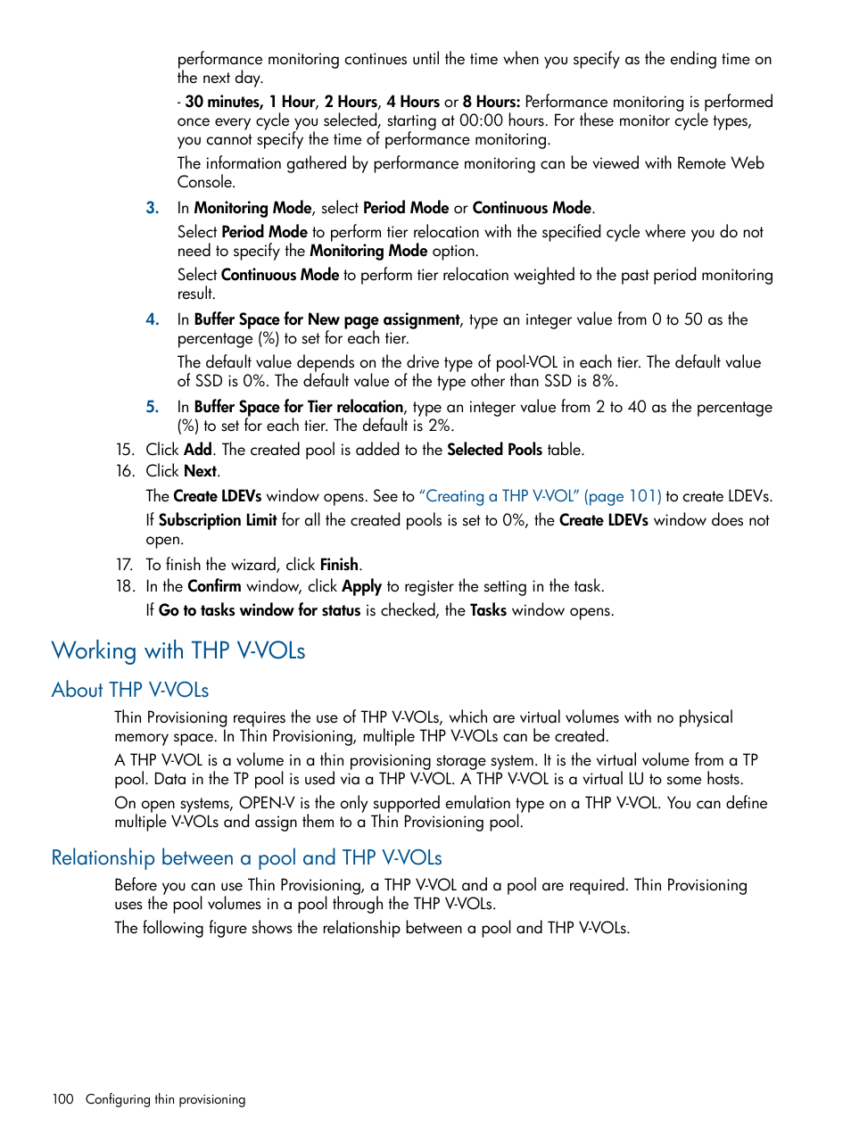 Working with thp v-vols, About thp v-vols, Relationship between a pool and thp v-vols | HP XP P9500 Storage User Manual | Page 100 / 367