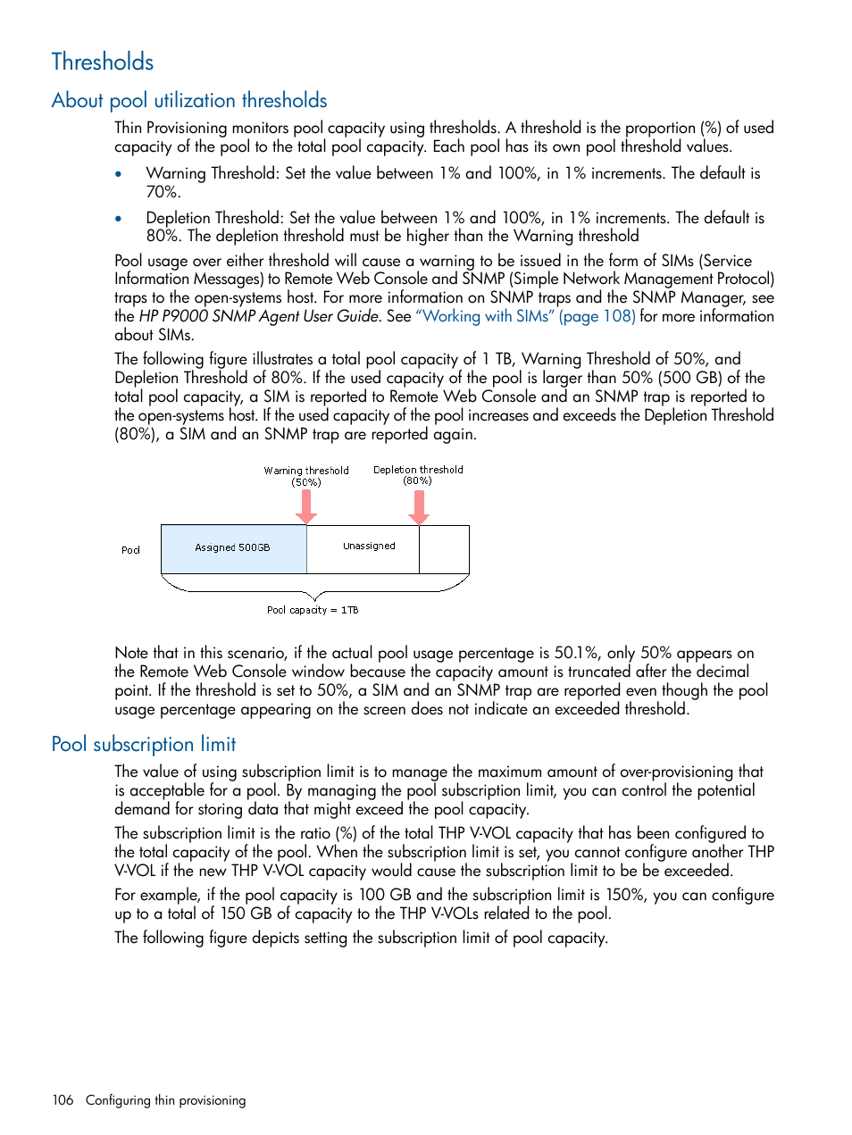 Thresholds, About pool utilization thresholds, Pool subscription limit | HP XP P9500 Storage User Manual | Page 106 / 367