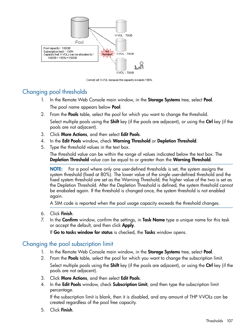 Changing pool thresholds, Changing the pool subscription limit | HP XP P9500 Storage User Manual | Page 107 / 367