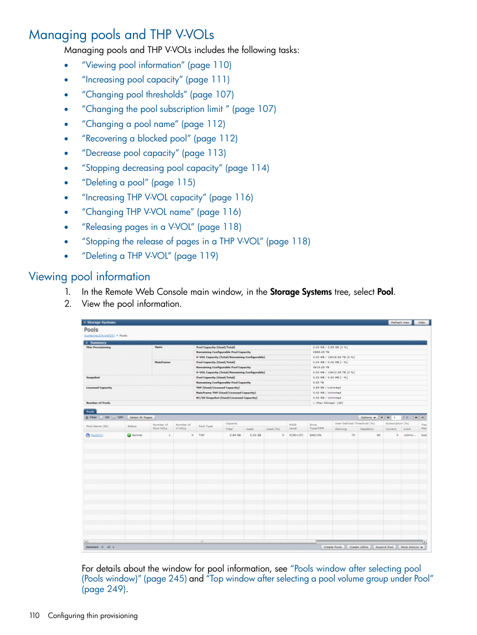 Managing pools and thp v-vols, Viewing pool information | HP XP P9500 Storage User Manual | Page 110 / 367