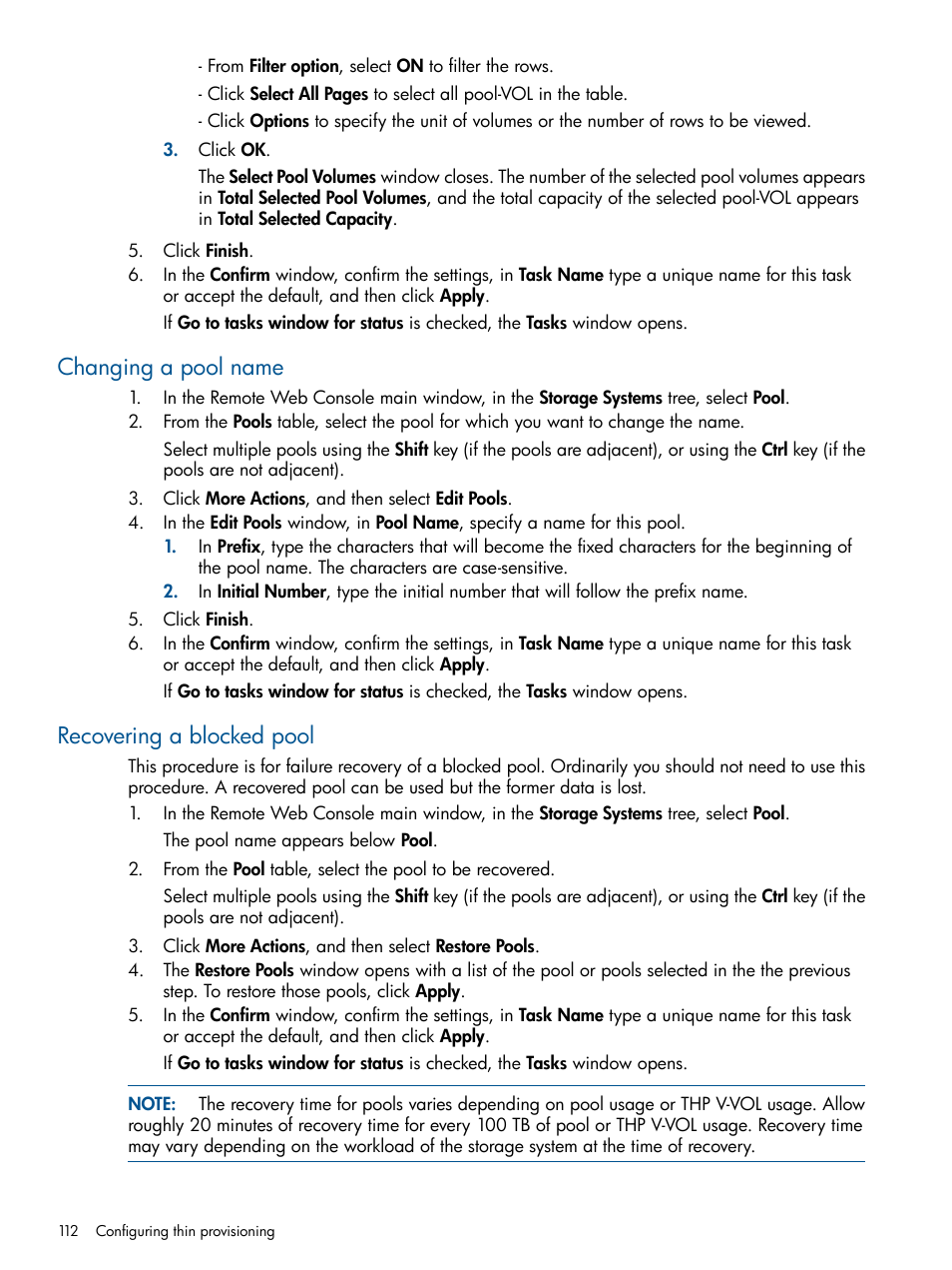 Changing a pool name, Recovering a blocked pool, Changing a pool name recovering a blocked pool | HP XP P9500 Storage User Manual | Page 112 / 367