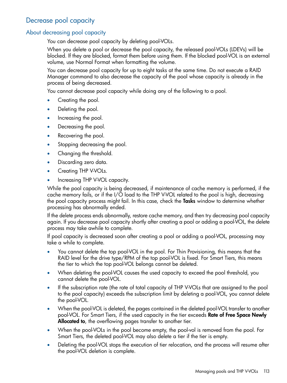 Decrease pool capacity, About decreasing pool capacity | HP XP P9500 Storage User Manual | Page 113 / 367