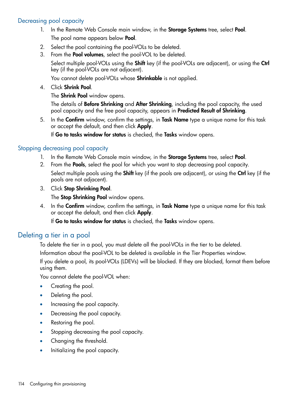 Decreasing pool capacity, Stopping decreasing pool capacity, Deleting a tier in a pool | HP XP P9500 Storage User Manual | Page 114 / 367