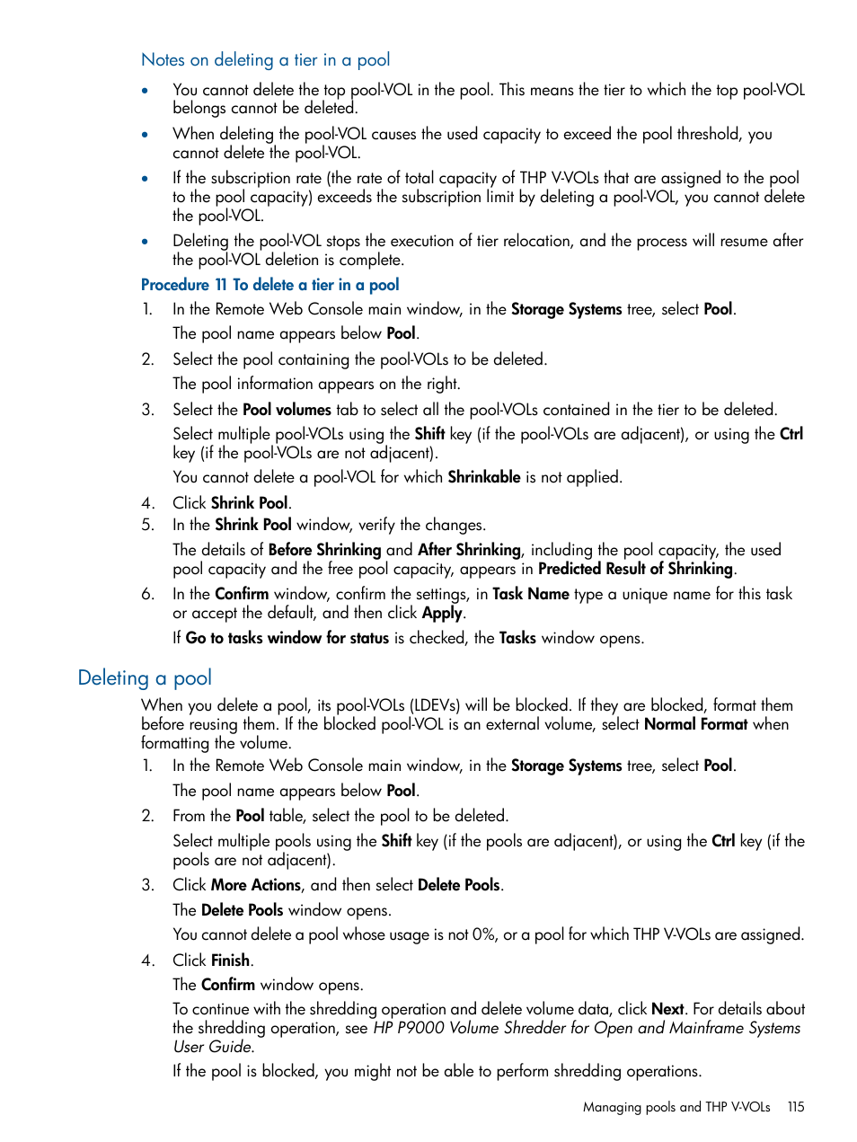 Deleting a pool | HP XP P9500 Storage User Manual | Page 115 / 367