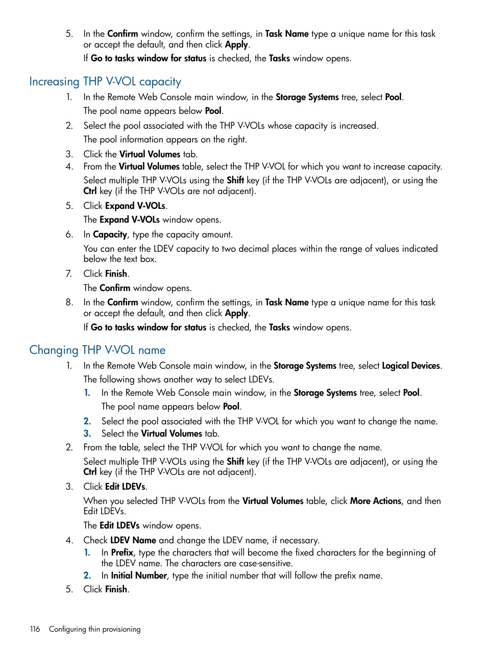 Increasing thp v-vol capacity, Changing thp v-vol name | HP XP P9500 Storage User Manual | Page 116 / 367