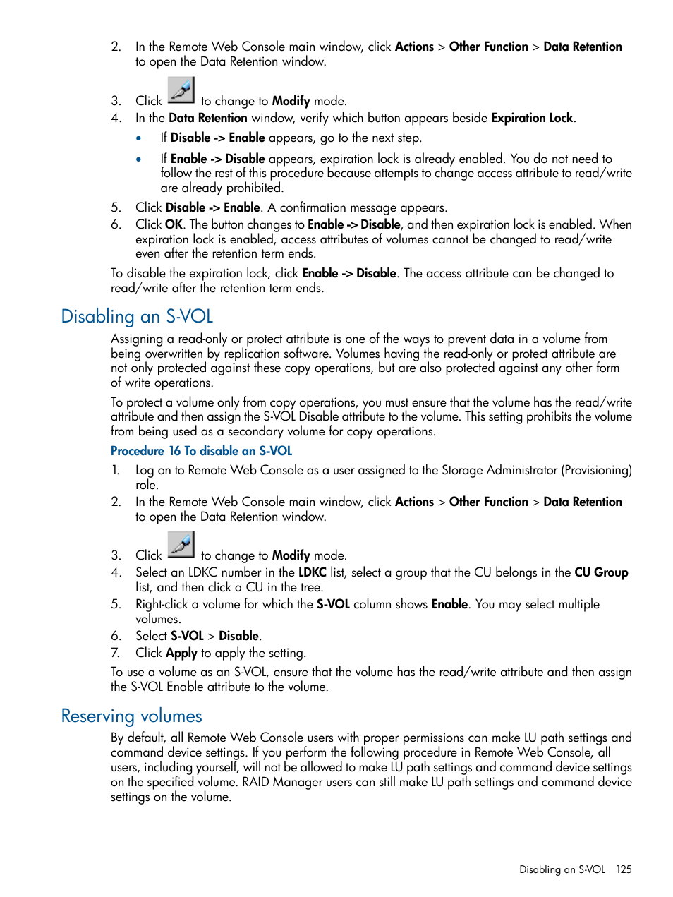 Disabling an s-vol, Reserving volumes, Disabling an s-vol reserving volumes | HP XP P9500 Storage User Manual | Page 125 / 367