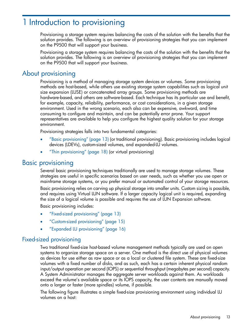 1 introduction to provisioning, About provisioning, Basic provisioning | Fixed-sized provisioning, About provisioning basic provisioning | HP XP P9500 Storage User Manual | Page 13 / 367