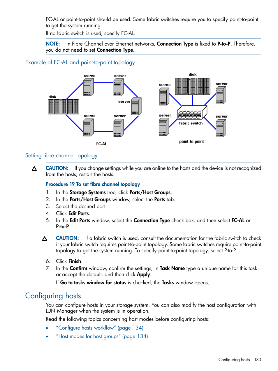 Example of fc-al and point-to-point topology, Setting fibre channel topology, Configuring hosts | HP XP P9500 Storage User Manual | Page 133 / 367