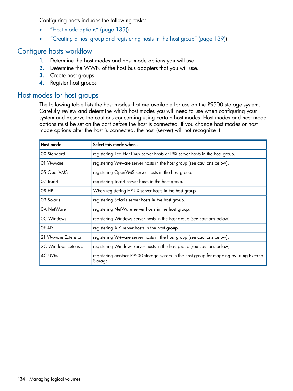 Configure hosts workflow, Host modes for host groups | HP XP P9500 Storage User Manual | Page 134 / 367