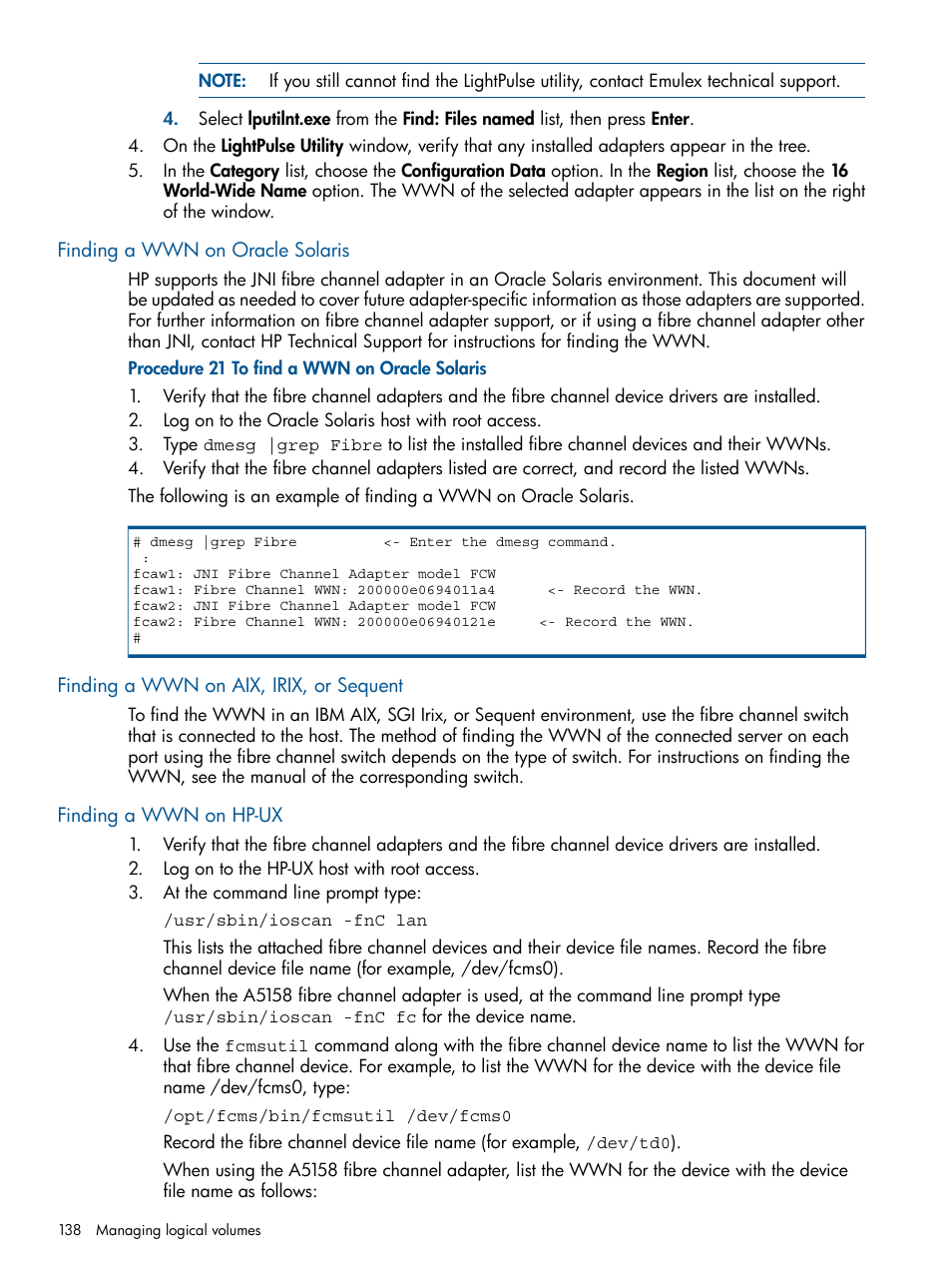 Finding a wwn on oracle solaris, Finding a wwn on aix, irix, or sequent, Finding a wwn on hp-ux | HP XP P9500 Storage User Manual | Page 138 / 367