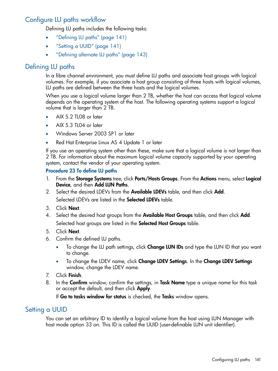 Configure lu paths workflow, Defining lu paths, Setting a uuid | HP XP P9500 Storage User Manual | Page 141 / 367