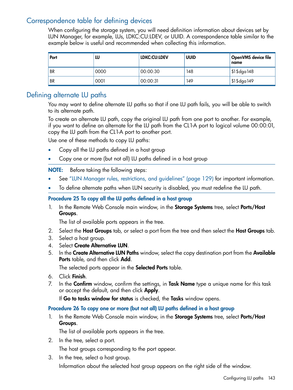 Correspondence table for defining devices, Defining alternate lu paths, Defining alternate | HP XP P9500 Storage User Manual | Page 143 / 367