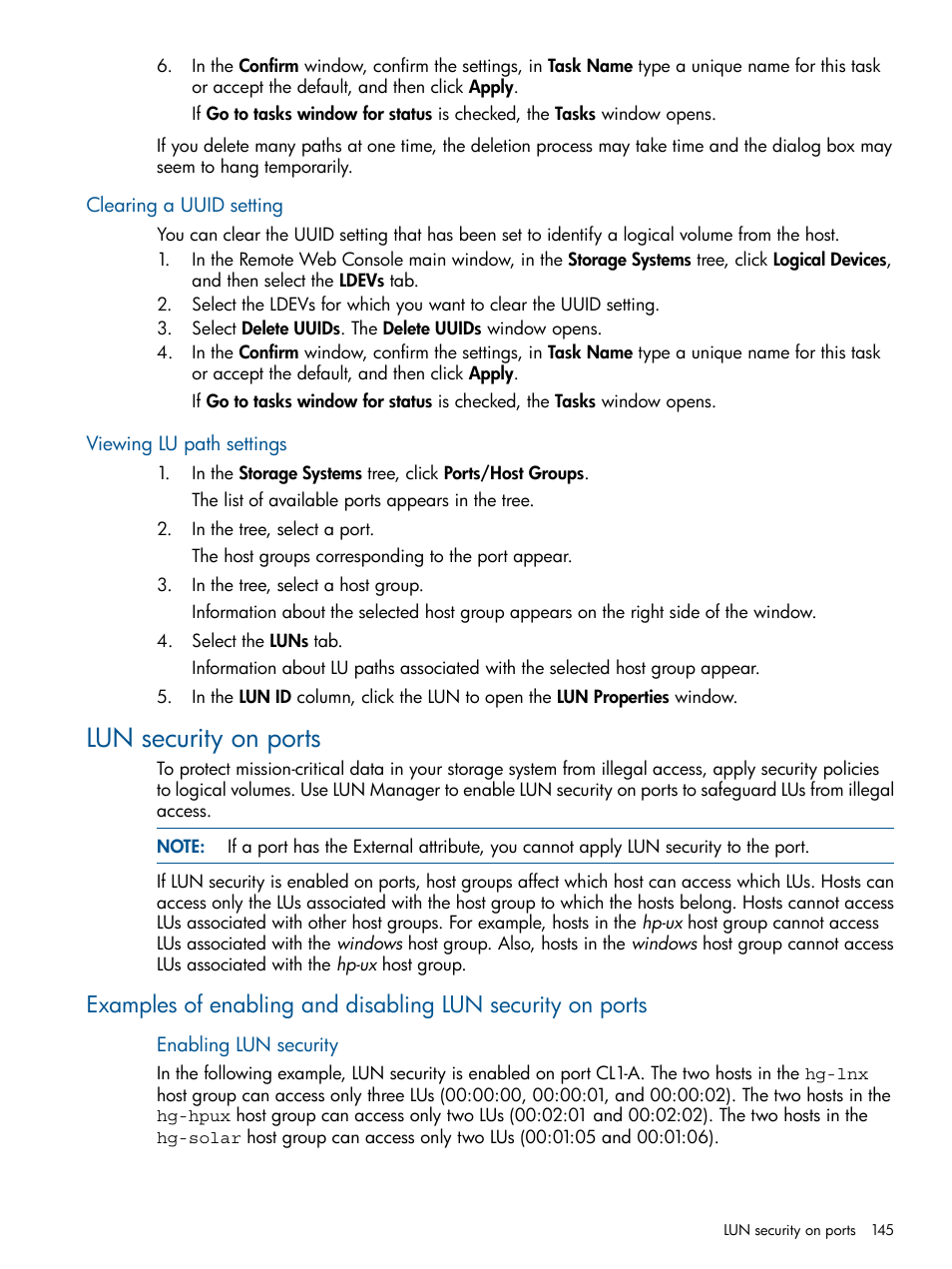 Clearing a uuid setting, Viewing lu path settings, Lun security on ports | Clearing a uuid setting viewing lu path settings, Clearing | HP XP P9500 Storage User Manual | Page 145 / 367