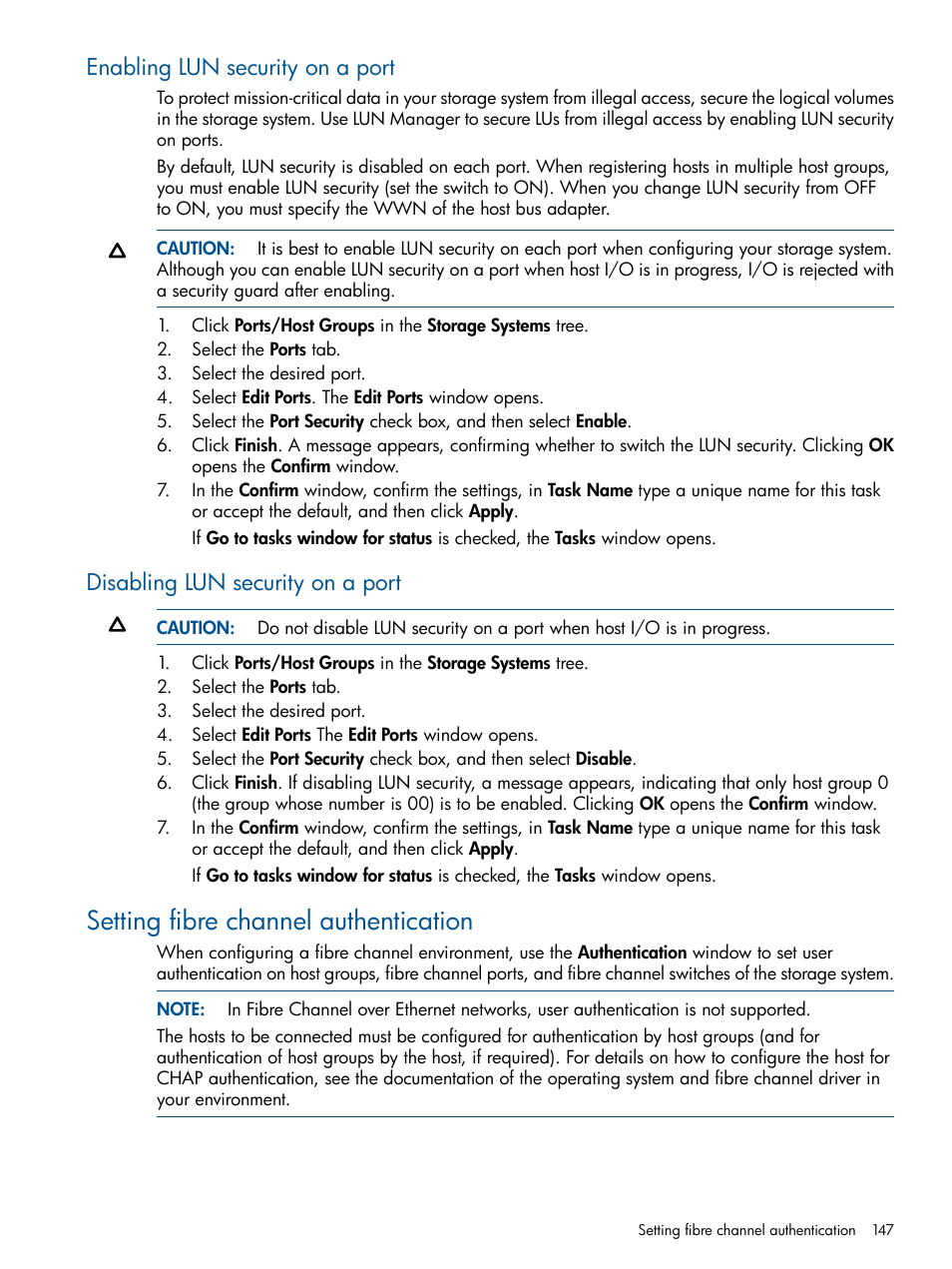 Enabling lun security on a port, Disabling lun security on a port, Setting fibre channel authentication | HP XP P9500 Storage User Manual | Page 147 / 367