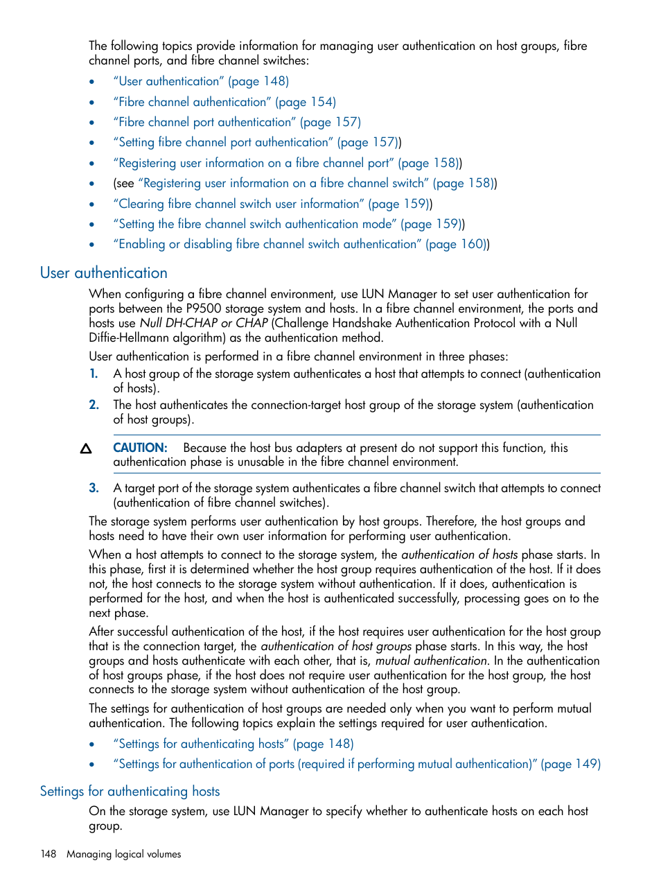 User authentication, Settings for authenticating hosts | HP XP P9500 Storage User Manual | Page 148 / 367