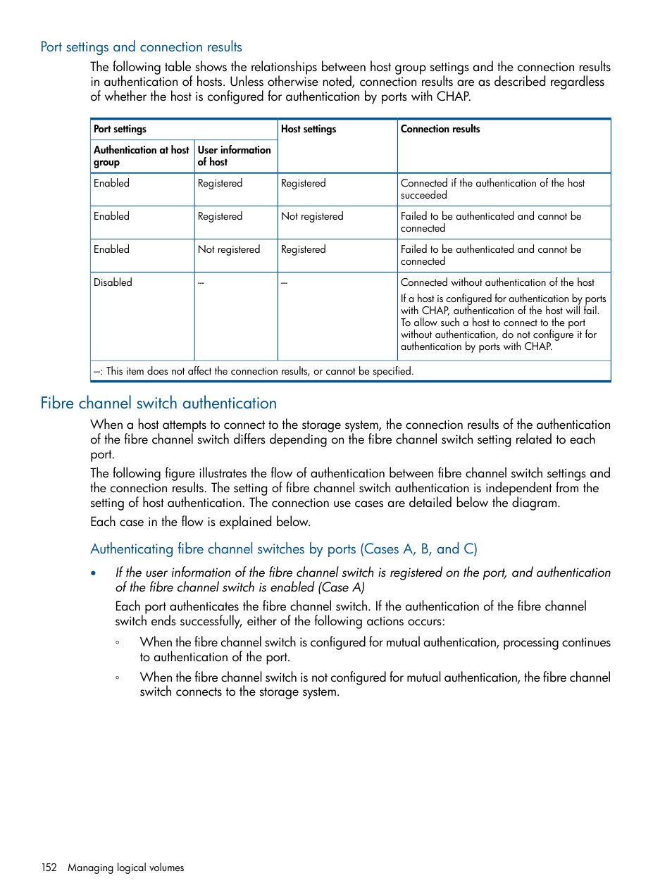 Port settings and connection results, Fibre channel switch authentication | HP XP P9500 Storage User Manual | Page 152 / 367