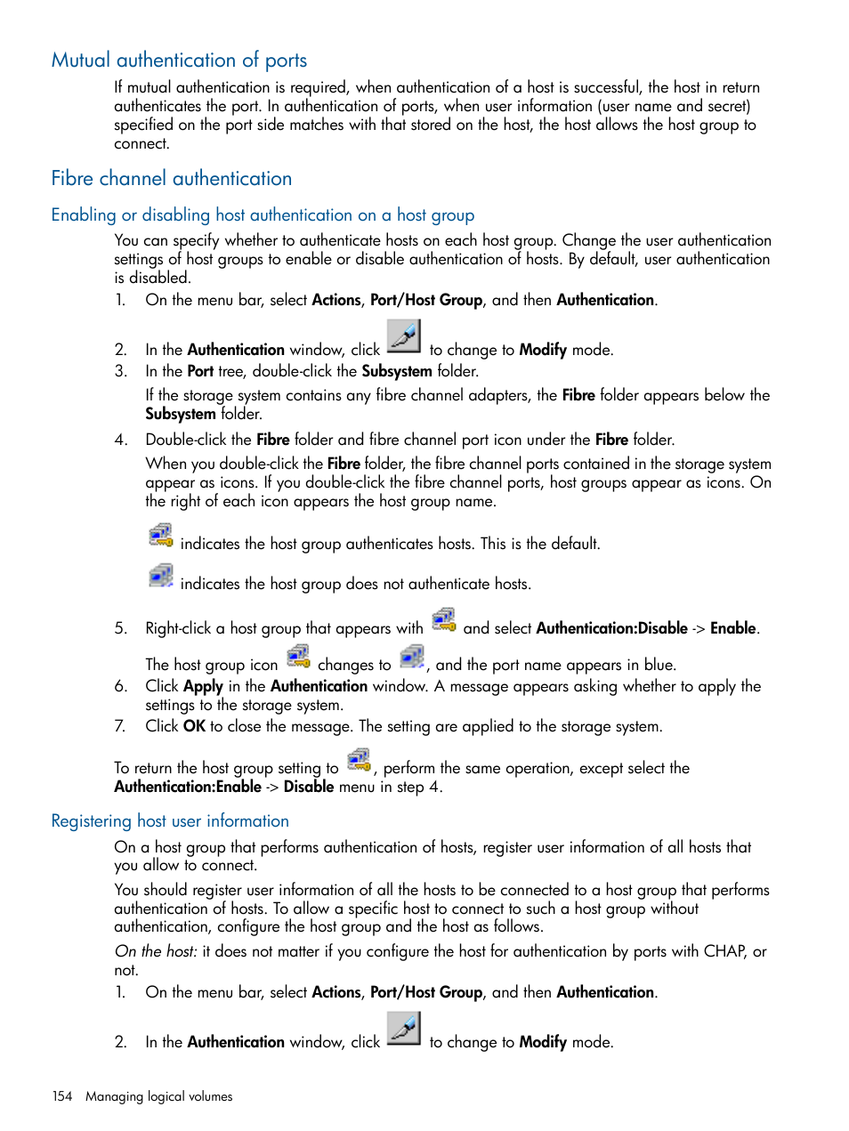 Mutual authentication of ports, Fibre channel authentication, Registering host user information | HP XP P9500 Storage User Manual | Page 154 / 367