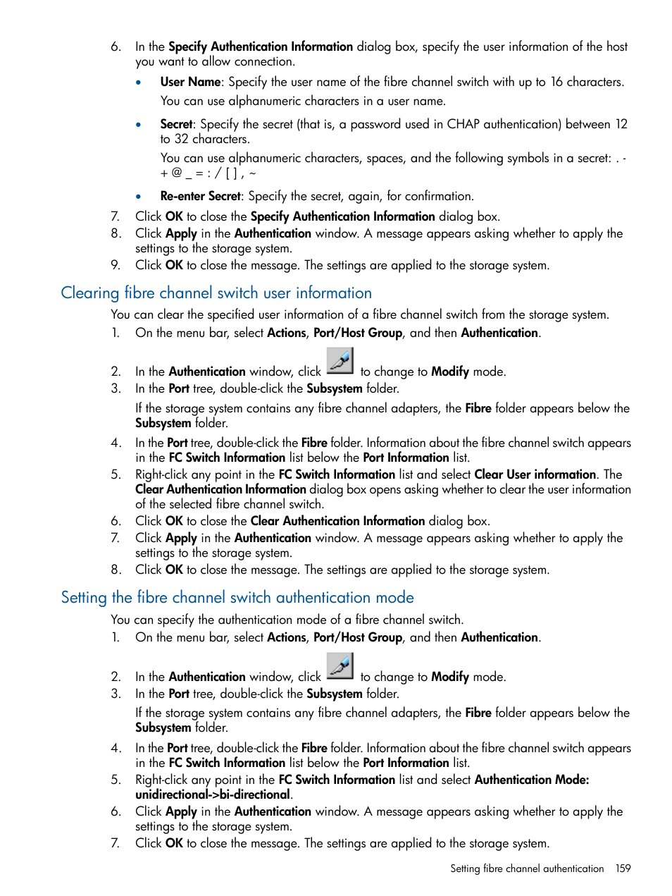 Clearing fibre channel switch user information | HP XP P9500 Storage User Manual | Page 159 / 367