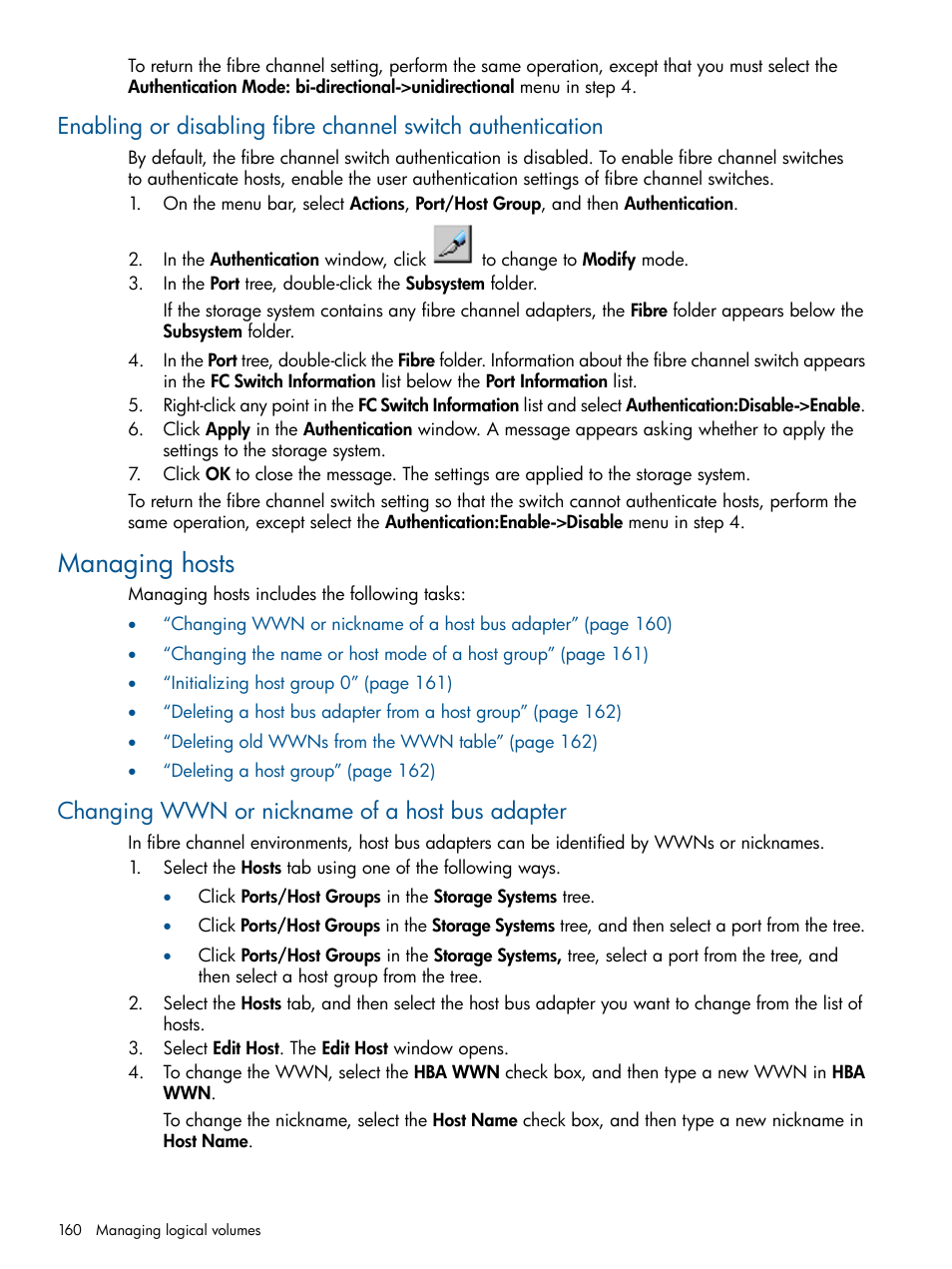 Managing hosts, Changing wwn or nickname of a host bus adapter | HP XP P9500 Storage User Manual | Page 160 / 367