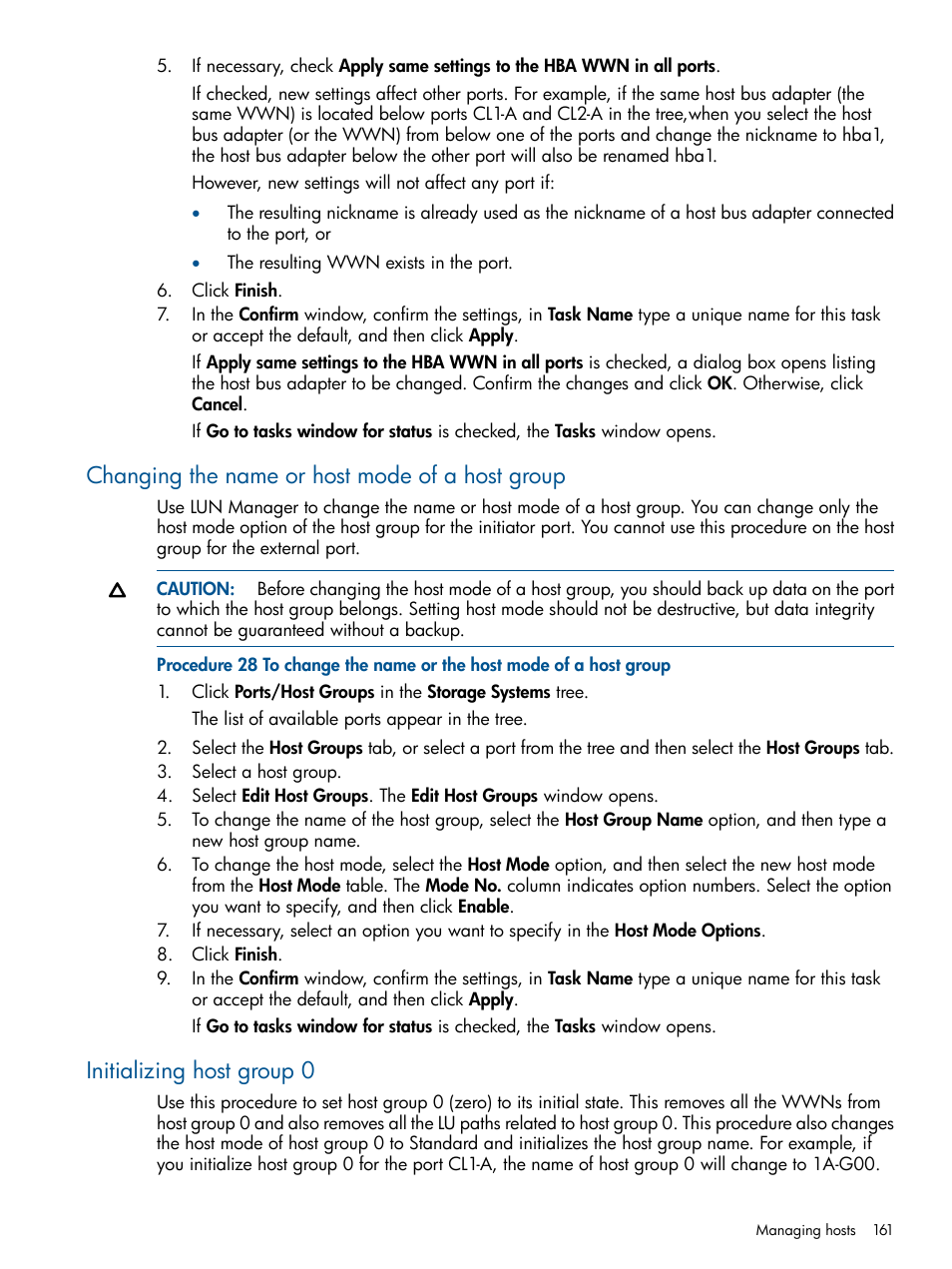 Changing the name or host mode of a host group, Initializing host group 0 | HP XP P9500 Storage User Manual | Page 161 / 367