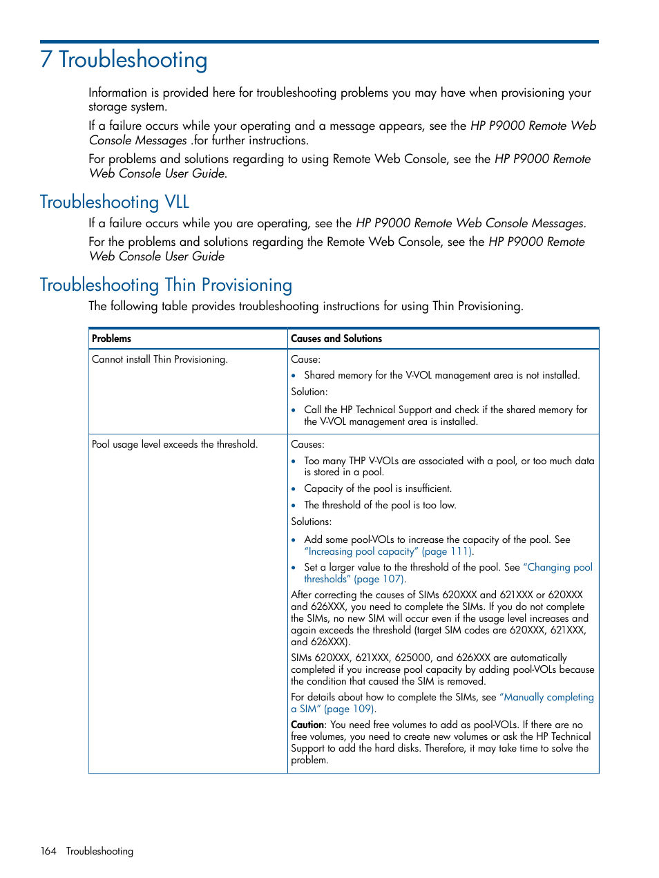7 troubleshooting, Troubleshooting vll, Troubleshooting thin provisioning | HP XP P9500 Storage User Manual | Page 164 / 367