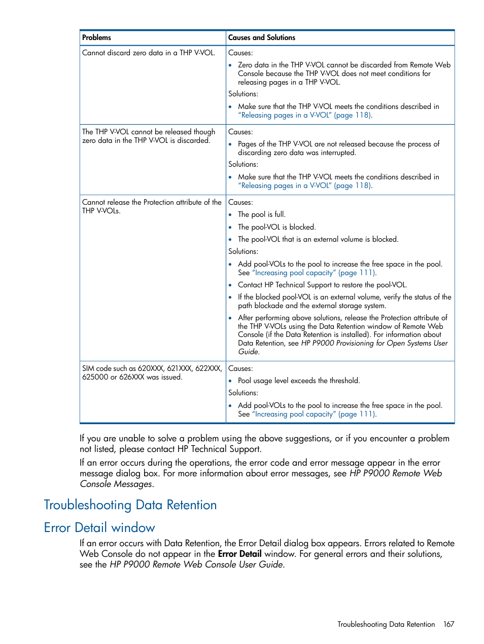 Troubleshooting data retention, Error detail window, Troubleshooting data retention error detail window | HP XP P9500 Storage User Manual | Page 167 / 367