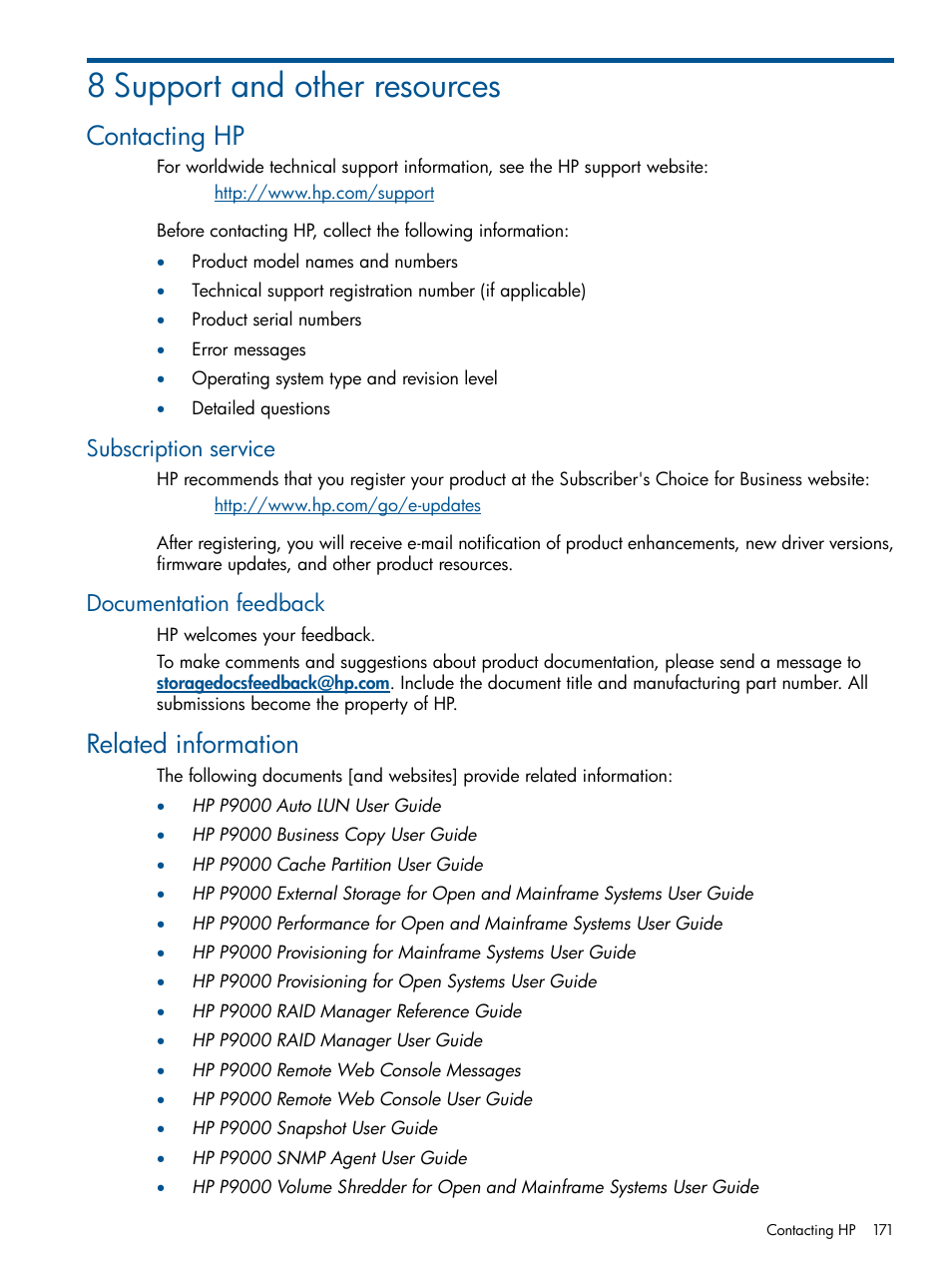 8 support and other resources, Contacting hp, Subscription service | Documentation feedback, Related information, Subscription service documentation feedback | HP XP P9500 Storage User Manual | Page 171 / 367