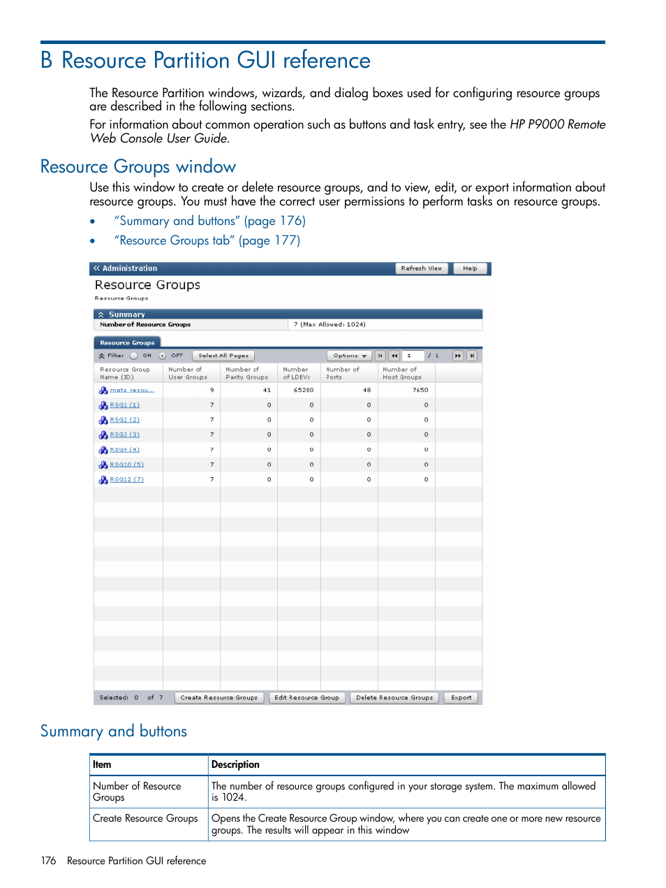 B resource partition gui reference, Resource groups window, Summary and buttons | HP XP P9500 Storage User Manual | Page 176 / 367