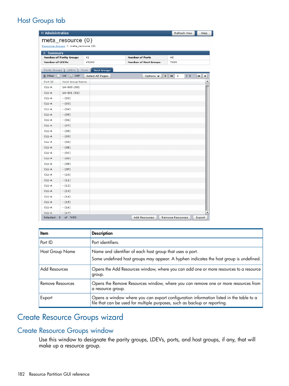 Host groups tab, Create resource groups wizard, Create resource groups window | HP XP P9500 Storage User Manual | Page 182 / 367