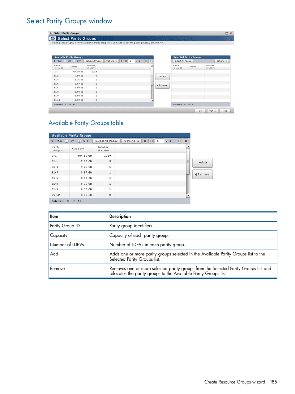 Select parity groups window, Available parity groups table | HP XP P9500 Storage User Manual | Page 185 / 367