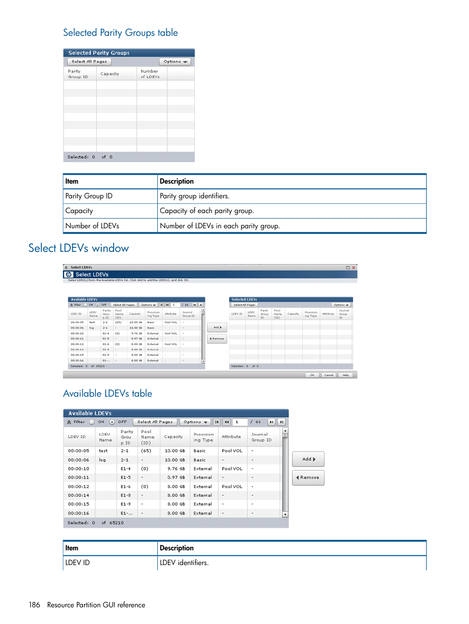 Select ldevs window, Selected parity groups table, Available ldevs table | HP XP P9500 Storage User Manual | Page 186 / 367