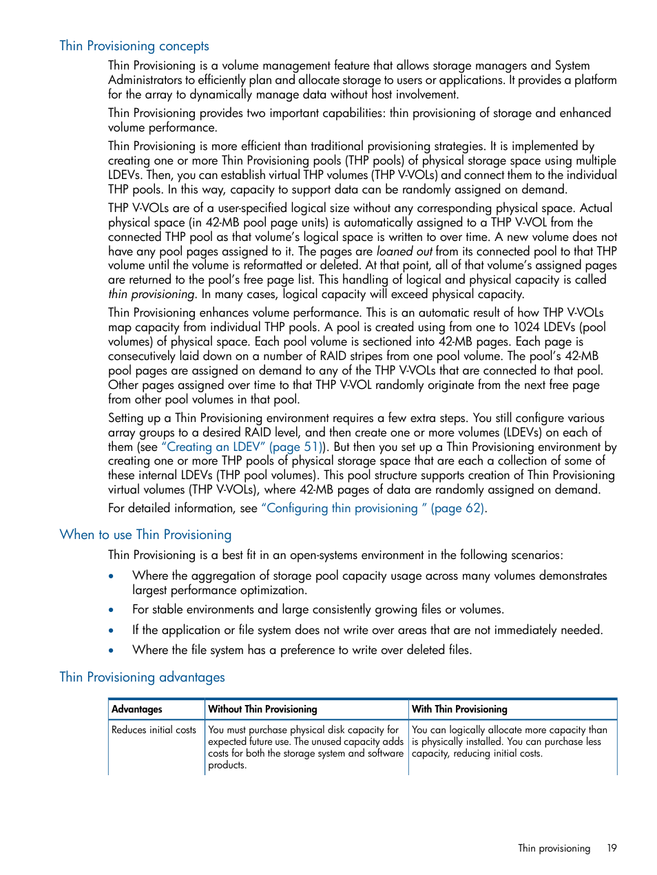 Thin provisioning concepts, When to use thin provisioning, Thin provisioning advantages | HP XP P9500 Storage User Manual | Page 19 / 367
