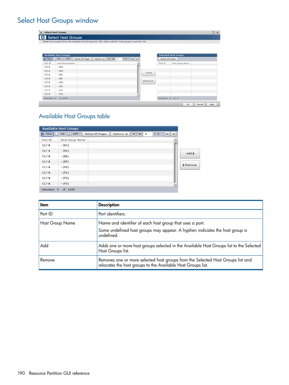 Select host groups window, Available host groups table | HP XP P9500 Storage User Manual | Page 190 / 367