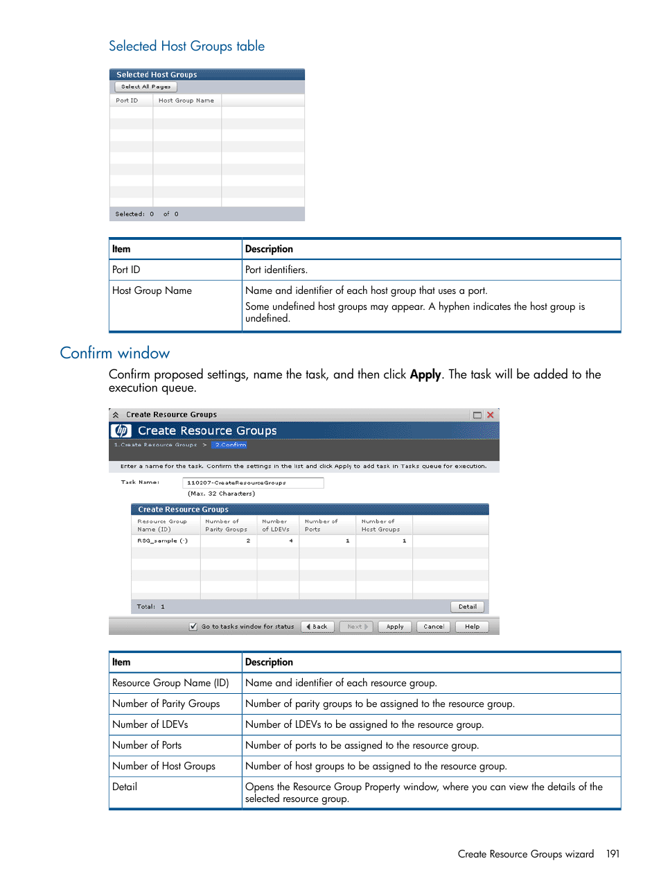 Confirm window, Selected host groups table | HP XP P9500 Storage User Manual | Page 191 / 367