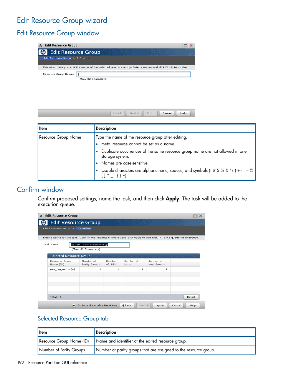 Edit resource group wizard, Edit resource group window, Confirm window | Edit resource group window confirm window, Selected resource group tab | HP XP P9500 Storage User Manual | Page 192 / 367