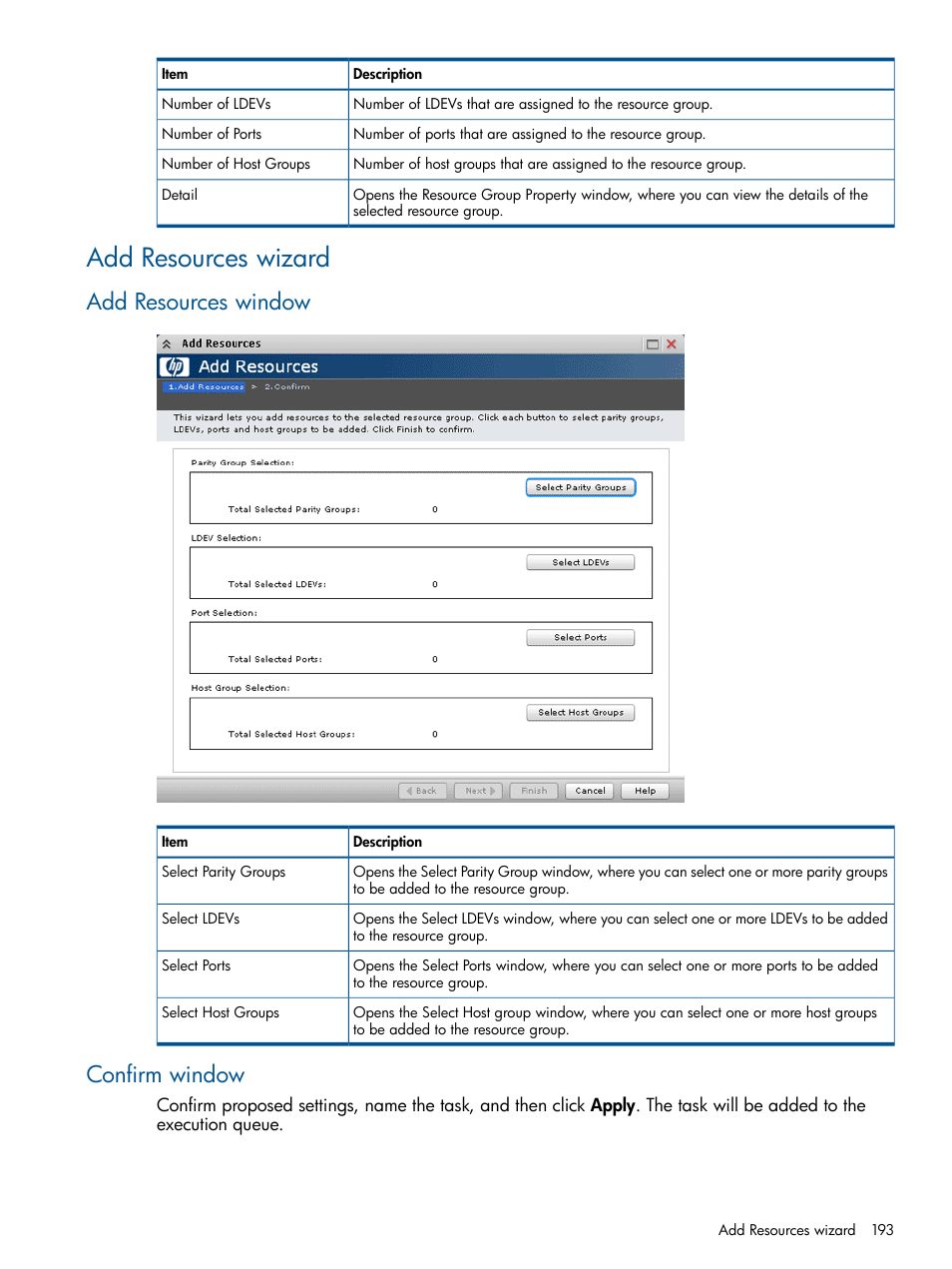 Add resources wizard, Add resources window, Confirm window | Add resources window confirm window | HP XP P9500 Storage User Manual | Page 193 / 367