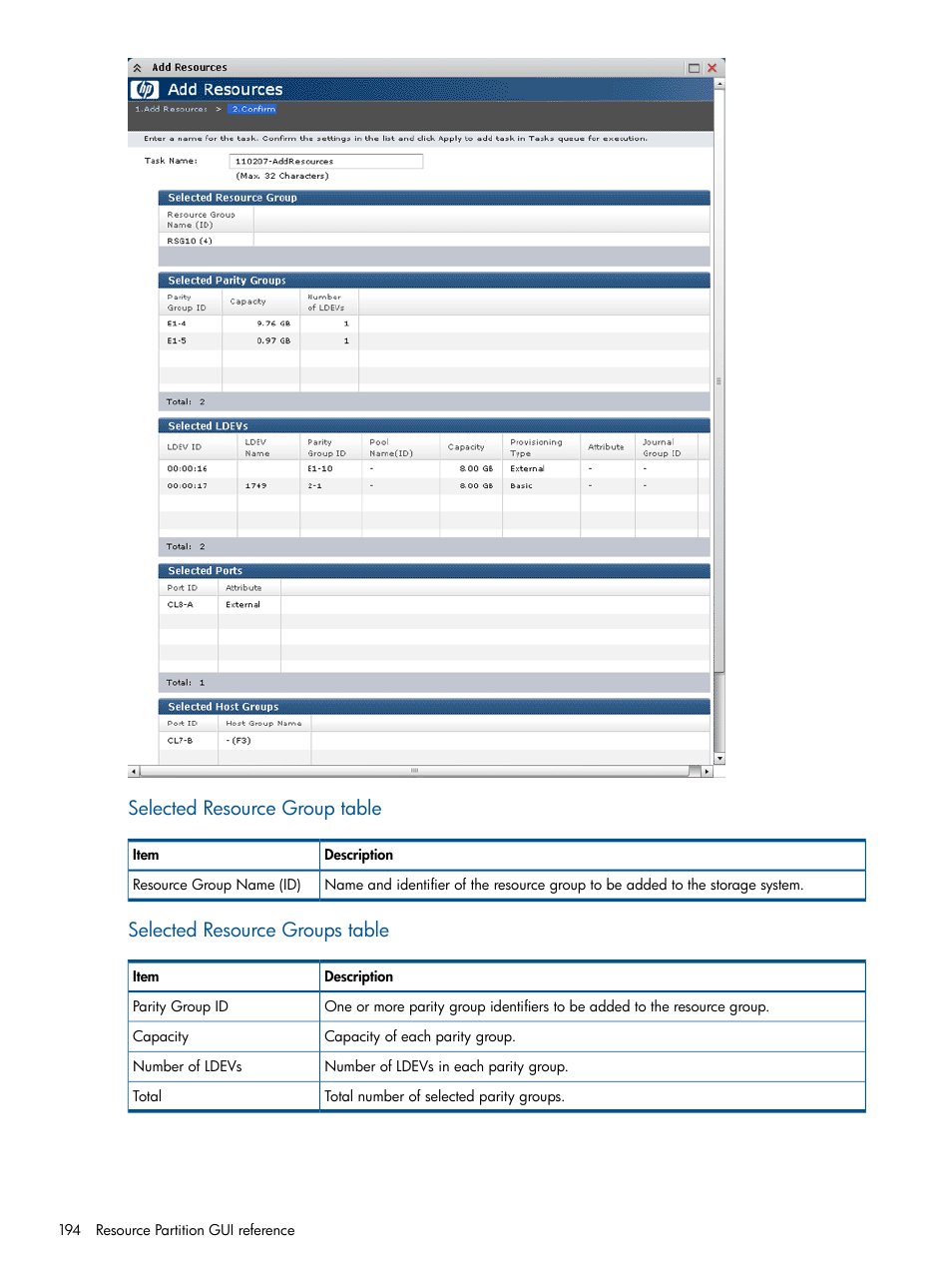 Selected resource group table, Selected resource groups table | HP XP P9500 Storage User Manual | Page 194 / 367