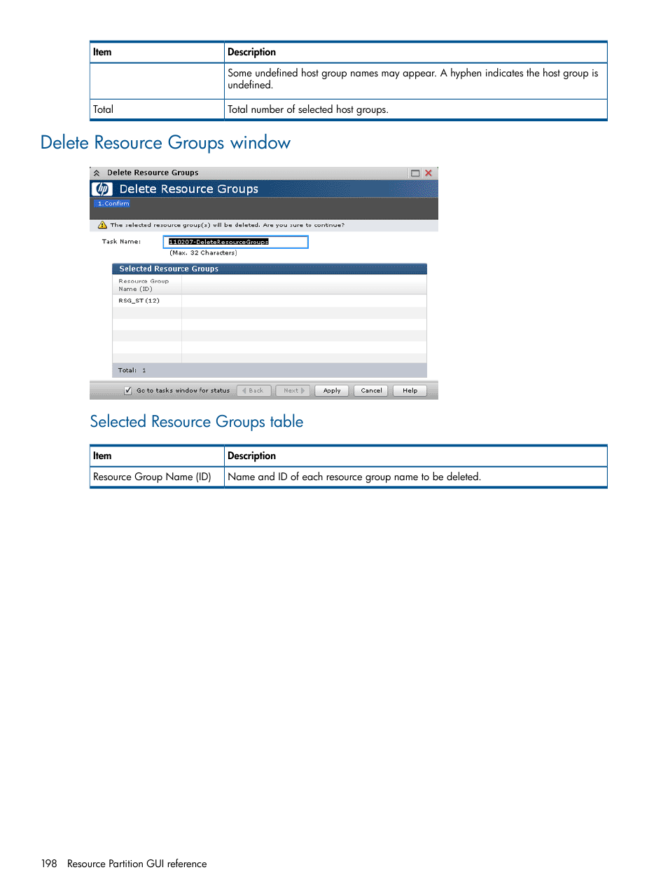 Delete resource groups window, Selected resource groups table | HP XP P9500 Storage User Manual | Page 198 / 367