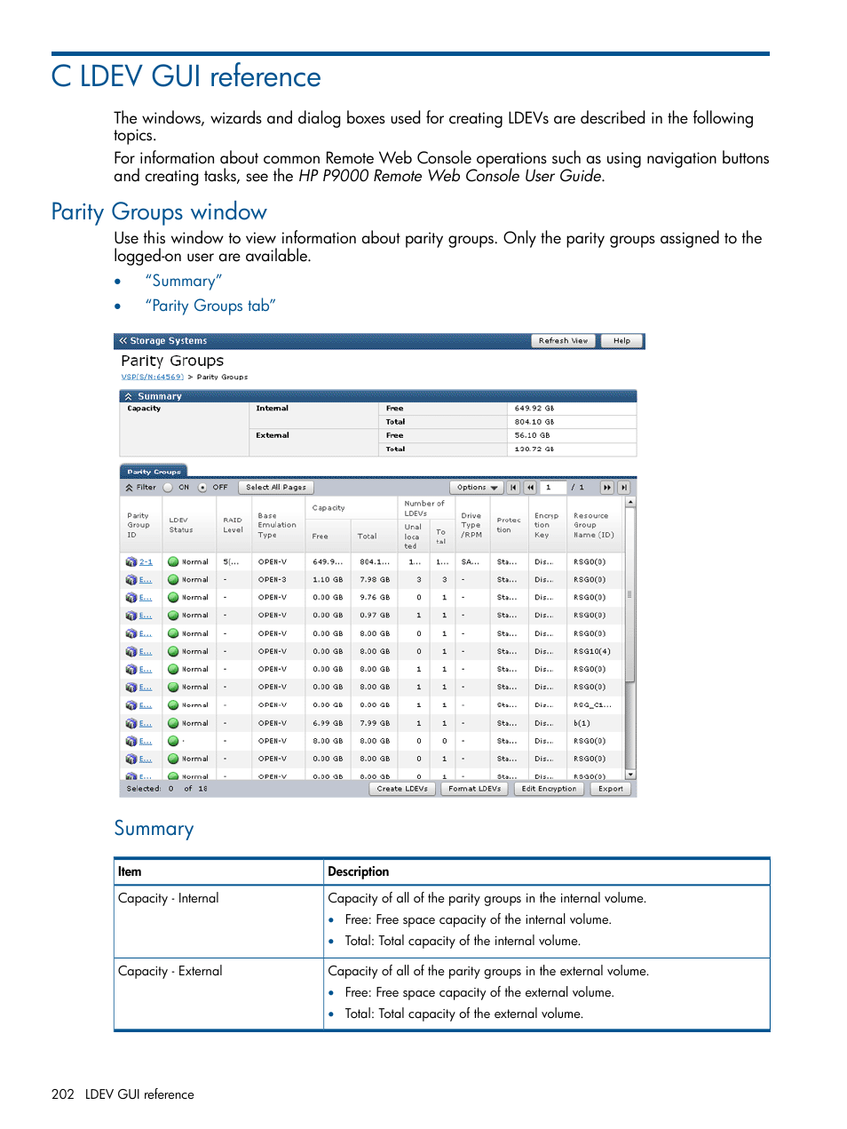 C ldev gui reference, Parity groups window, Summary | HP XP P9500 Storage User Manual | Page 202 / 367